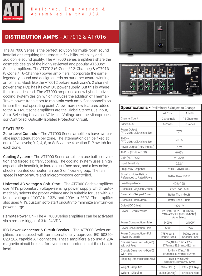 ATI 7010 Series - AT7012 and AT7016 Distribution Multi-Channel 12 and 16 Zone Power Amplifiers